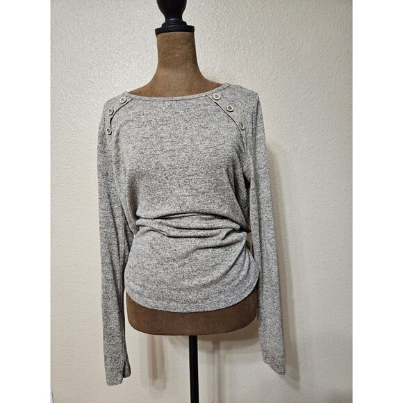 Pink Clover Women’s Ash Gray Knit Top M-L Button Shoulder Suede Elbow Patch - Picture 1 of 2